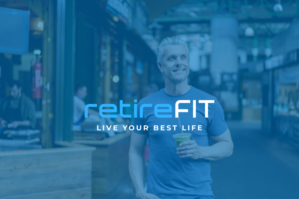retireFIT blog post cover image of a healthy middle-aged man walking down the street with a smoothie in hand